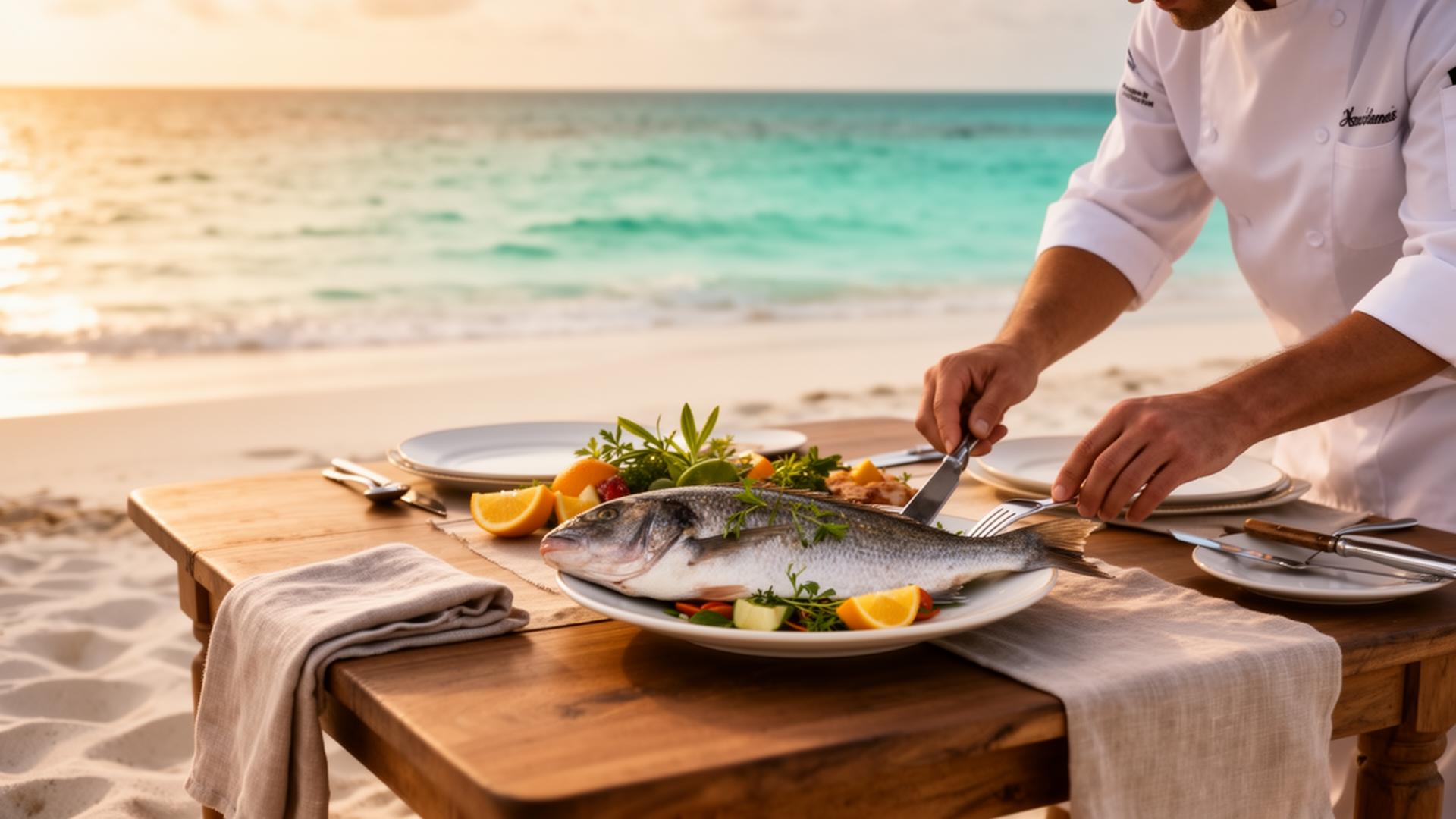 Private chef plating fresh catch on a Bahamian sandbar