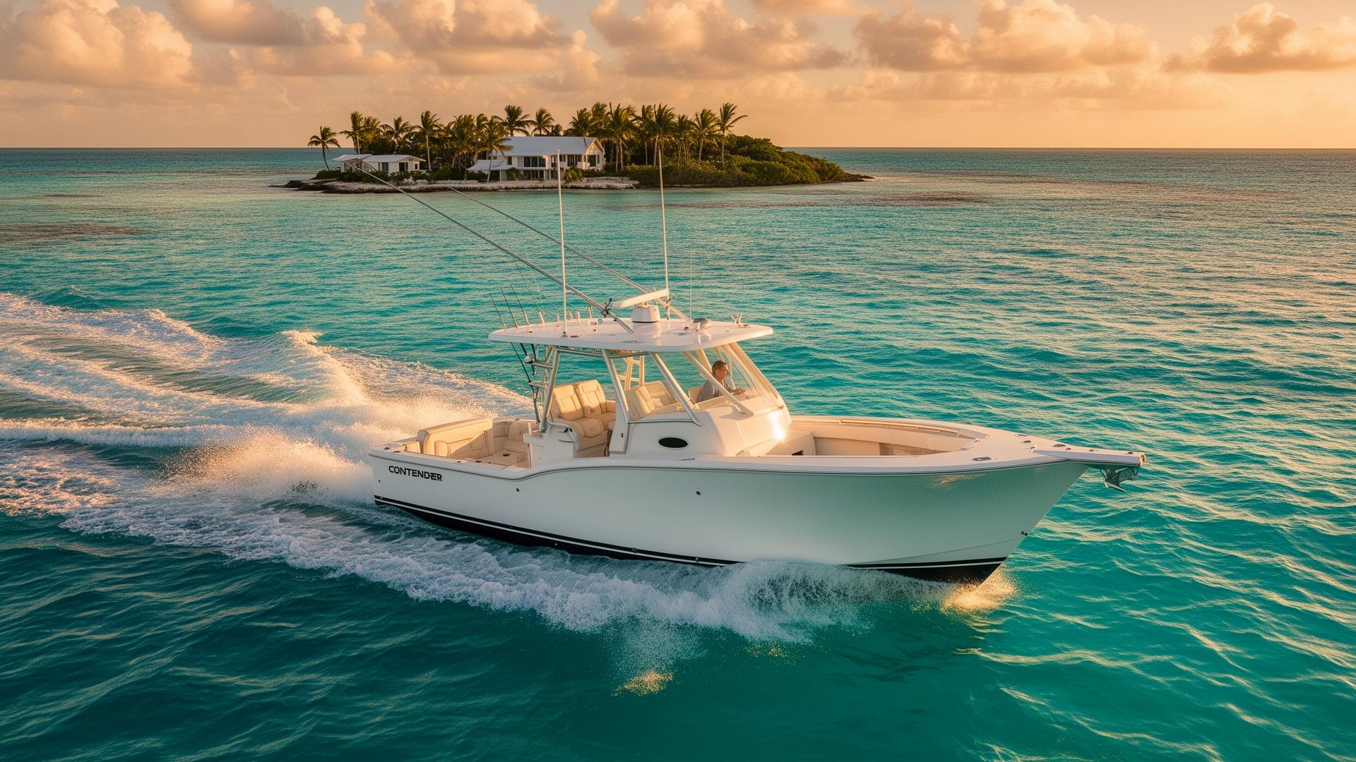 Luxury Contender charter boat cruising turquoise Bahamian water near Harbour Island